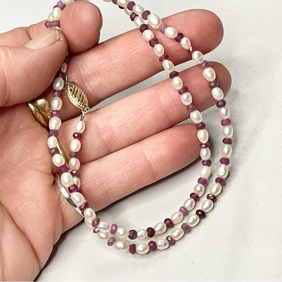 14K Pearl Ruby Necklace Single Strand 18” - Picture 6 of 6